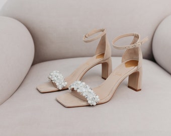 Ivory Wedding Sandals with Peep Toe and Ankle Strap, Embroidered Bridal Shoes with Mid Block Heels, Handmade Wide Wedding Shoes