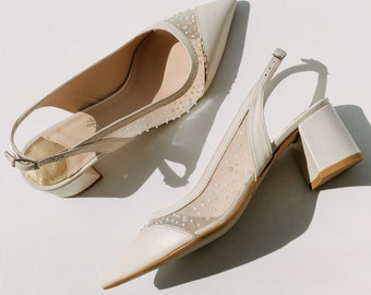 Ivory Slingback Wedding Pumps with Low Block Heel and Sequin and Beads Embroidery, Milky Genuine Leather Bridal Shoes with Closed Pointy Toe