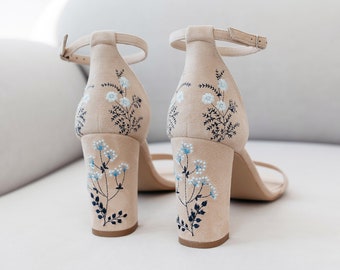 Pinky White Bridal Sandals with Handmade Embroidery, Wedding Shoes with Open Peep Toe, Almond Toe, Ankle Strap, Bridal Shoes with Block Heel