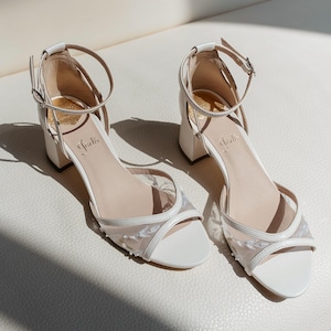 Ivory Bridal Sandals with Golden Handmade Embroidery, Wedding Shoes with Open Peep Toe and Ankle Strap, Bridal Shoes with Low Block Heel