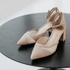 Ivory Wedding Shoes with Low Block Heels, Bridal Shoes with Sequins and Beads Embroidery on Soft Mesh, Wedding Sandals with Ankle Strap