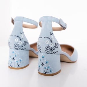 Something Blue Bridal Sandals with Handmade Embroidery, Wedding Shoes with Pointy Toe and Ankle Strap, Bridal Shoes Low Block Heel