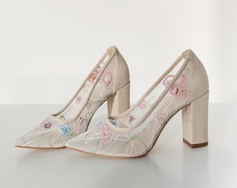 Ivory Wedding Shoes With Block Heel and Colorful Floral Embroidery