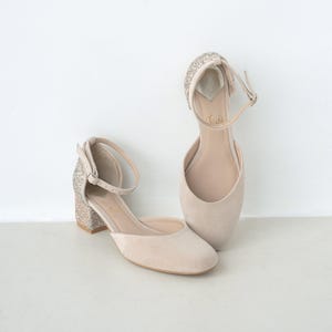 Ivory Bridal Sandals with Glitter Low Block Heels, Handmade Wedding Shoes with Closed Almond Toe, Bridesmaid Shoes with Ankle Strap