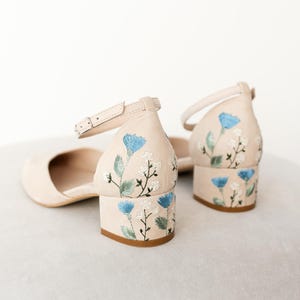 Ivory Bridal Sandals with Handmade Blue Cornflowers Embroidery, Wedding Shoes with V-Cut Vamp and Ankle Strap, Bridal Shoes Low Block Heel