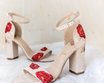Ivory Bridal Sandals with Peonies Embroidery, Handmade Wedding Shoes with Open Peep Toe and Ankle Strap, Bridal Shoes with Block Heel