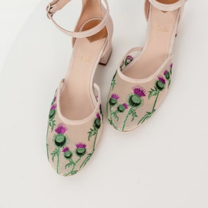 Ivory Wedding Shoes with Low Block Heel and Ankle Strap, Floral Handmade Thistle Embroidery, Bridal Sandals with Mesh Almond Toe