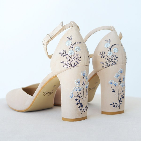 Ivory Bridal Sandals with Handmade Embroidery, Wedding Shoes with V-Notched Vamp, Almond Toe and Ankle Strap, Bridal Shoes with Block Heel