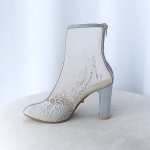 Wedding Ankle Boots with Floral Beads Embroidery, Genuine Suede with High Block Heel and Almond Toe, Something Blue Couture Wedding Shoes