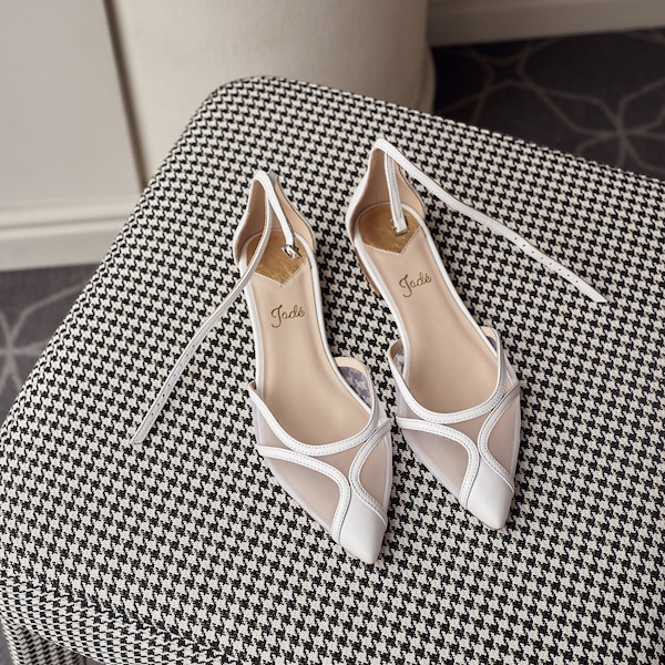 White Wedding Flats from Genuine Leather and Soft Tulle, Bridal Shoes with Ankle Strap and Low Heel, Ballet Flats with Closed Pointy Toe