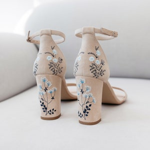 Pinky White Bridal Sandals with Handmade Embroidery, Wedding Shoes with Open Peep Toe, Almond Toe, Ankle Strap, Bridal Shoes with Block Heel