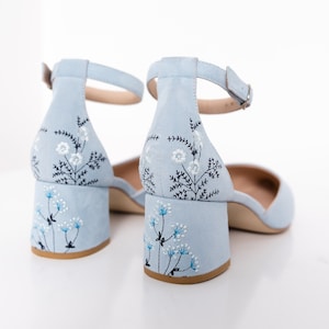 Something Blue Bridal Sandals with Handmade Embroidery, Wedding Shoes with Pointy Toe and Ankle Strap, Bridal Shoes Low Block Heel