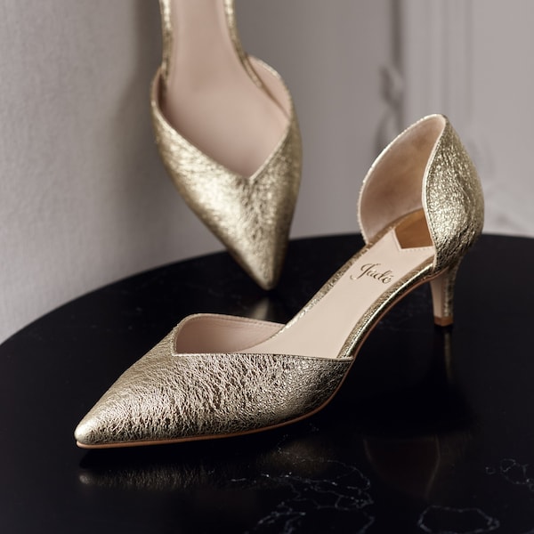 Elegant Golden Wedding Pumps with Mid Kitten Heel and Closed Pointy Toe, Bridal Shoes Low Heels, Gold Evening Shoes, Prom D'Orsay Shoes