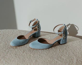 Something Blue Wedding Shoes with Low Block Heel, Bridal Sandals with Almond Toe and Ankle Strap, Wedding Sandals with Crystal Embroidery