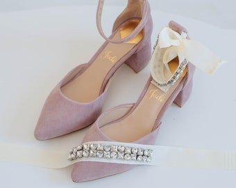 Wedding Sandals with Low Block Heels and Ankle Strap, Light Purple Bridal Shoes from Genuine Suede with Closed Pointy Toe, Wedding Shoes