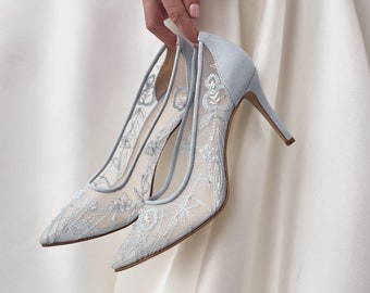 Blue Wedding Pumps with Mid Pointy Heel and Floral Embroidery, Floral Embroidered Wedding Shoes, Bridal Shoes Pointy Toe, Something Blue