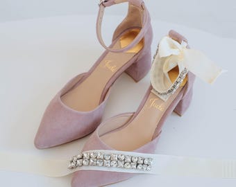 Wedding Sandals with Low Block Heels and Ankle Strap, Light Purple Bridal Shoes from Genuine Suede with Closed Pointy Toe, Wedding Shoes