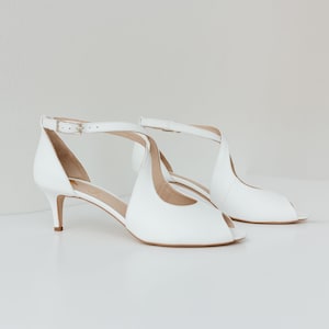 White Wedding Shoes with Open Peep Toe and Kitten Heel, Classic Bridal Heels with Ankle Strap and Low Slim Heels, White Bridesmaid Shoes