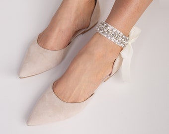 Pinky White Wedding Flats with Crystal Ankle Strap and Pointy Toe, Blush Bridal Flats, Wedding Shoes from Soft Suede, Custom Made Flats