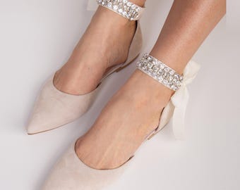 Pinky White Wedding Flats with Crystal Ankle Strap and Pointy Toe, Blush Bridal Flats, Wedding Shoes from Soft Suede, Custom Made Flats