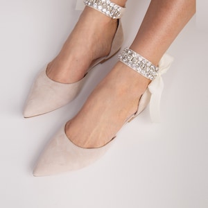 Pinky White Wedding Flats with Crystal Ankle Strap and Pointy Toe, Blush Bridal Flats, Wedding Shoes from Soft Suede, Custom Made Flats