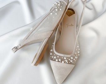 Ivory Wedding Flats with Handmade Pearl Embroidery, Slingback Wedding Shoes, Beaded Suede Bridal Flats with Closed Pointy Toe on Flat Heel