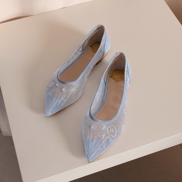 Blue Wedding Flats with Pointy Toe from Suede and Soft Mesh, Floral Flat Bridal Shoes, Handmade Embroidered Wedding Shoes, Something Blue