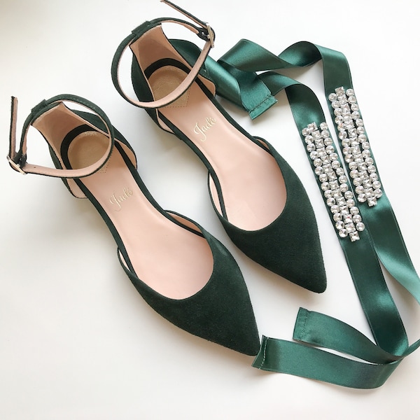 Emerald Green Wedding Flats, Bridal Sandals from Natural Suede with Pointy Toe, Emerald Green Bridal Flat Shoes with Crystal Ankle Strap