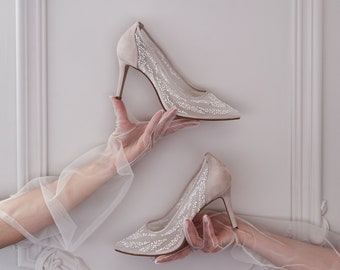 Ivory Wedding Shoes with Handmade Couture Beads Embroidery, Off White Bridal Pumps with Pointy Closed Toe, Transparent Pointy High Heels