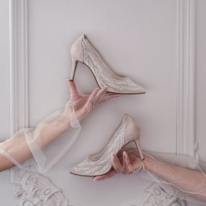 Ivory Wedding Shoes with Handmade Couture Beads Embroidery, Off White Bridal Pumps with Pointy Closed Toe, Transparent Pointy High Heels