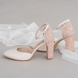 Ivory Bridal Heels with Glitter Block Heel and Almond Toe, Custom Glitter Wedding Shoes with High Heel, Leather Bridal Shoe with Ankle Strap