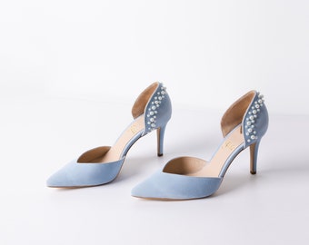 Something Blue Wedding Pumps with Handmade Pearl Embroidery and Pointy High Heel, Bridal Shoes with Pointed Toe and V-Notched Vamp