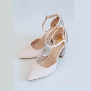 Pinky White Bridal Sandals with Glitter Block Heel and Closed Pointy Toe, Custom Wedding Shoes with Suede Ankle Strap, Handmade Bridal Heels