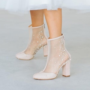 Couture Wedding Ankle Booties With Pearls Embroidery, Beaded Pearl Decorated Wedding Shoes from Natural Suede with Block Heel