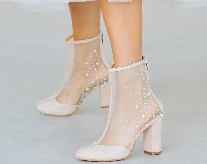 Couture Wedding Ankle Booties With Pearls Embroidery, Beaded Pearl Decorated Wedding Shoes from Natural Suede with Block Heel