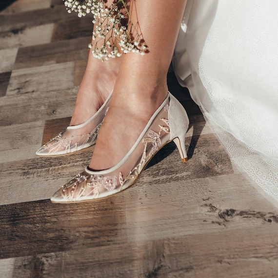 Ivory Wedding Shoes With Floral Embroidery, Suede Bridal Pumps