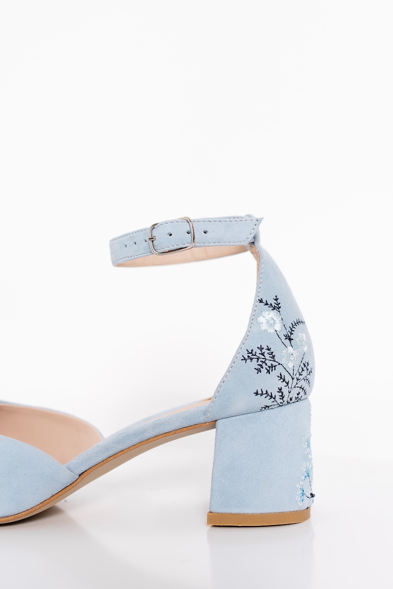 Something Blue Bridal Sandals with Handmade Embroidery, Wedding Shoes with Pointy Toe and Ankle Strap, Bridal Shoes Low Block Heel image 6