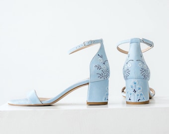 Blue Bridal Sandals with Wildflowers Embroidery, Wedding Shoes with Open Peep Toe, Almond Toe, Ankle Strap, Bridal Shoes with Block Heel