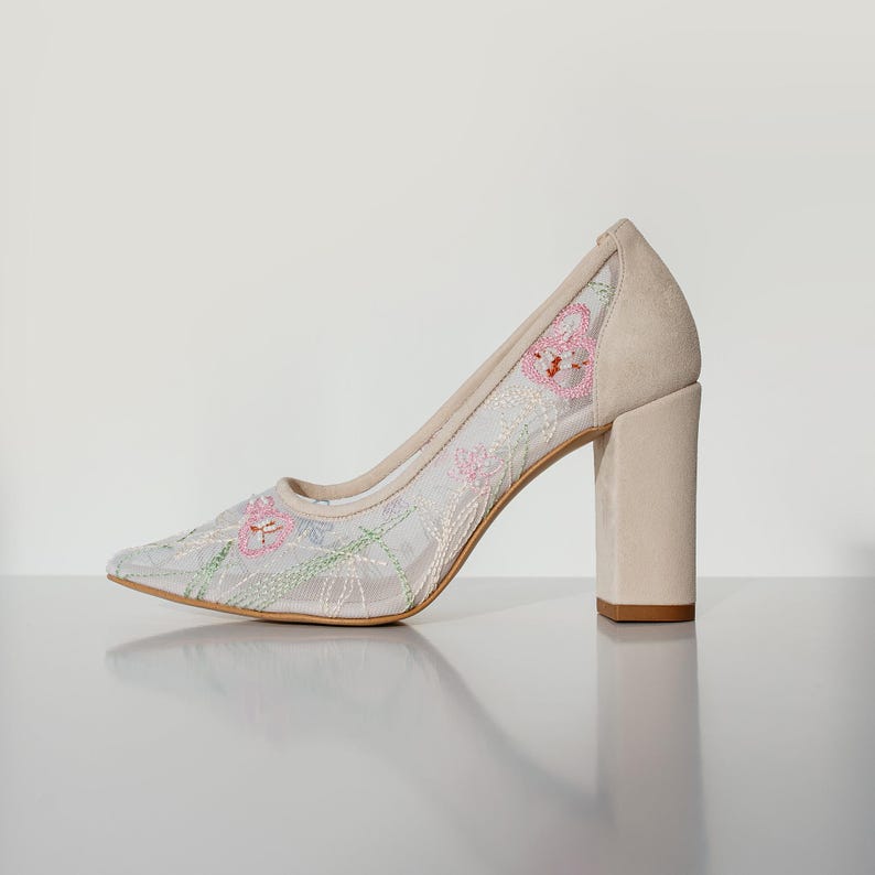 Ivory Wedding Shoes with Mid Block Heel and Colorful Floral Embroidery, Wedding Heels with Pointy Toe, Handmade Embroidered Bridal Shoes