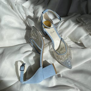 Blue Wedding Sandals with Low Block Heels, Ankle Strap and Handmade Embroidery, Bridal Shoes from Natural Suede and Soft Mesh