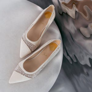 Ivory Wedding Flats with Sequin and Bead Embroidery on Soft White Mesh, Suede Wedding Shoes with Flat Heel, Bridal Shoes Pointy Toe