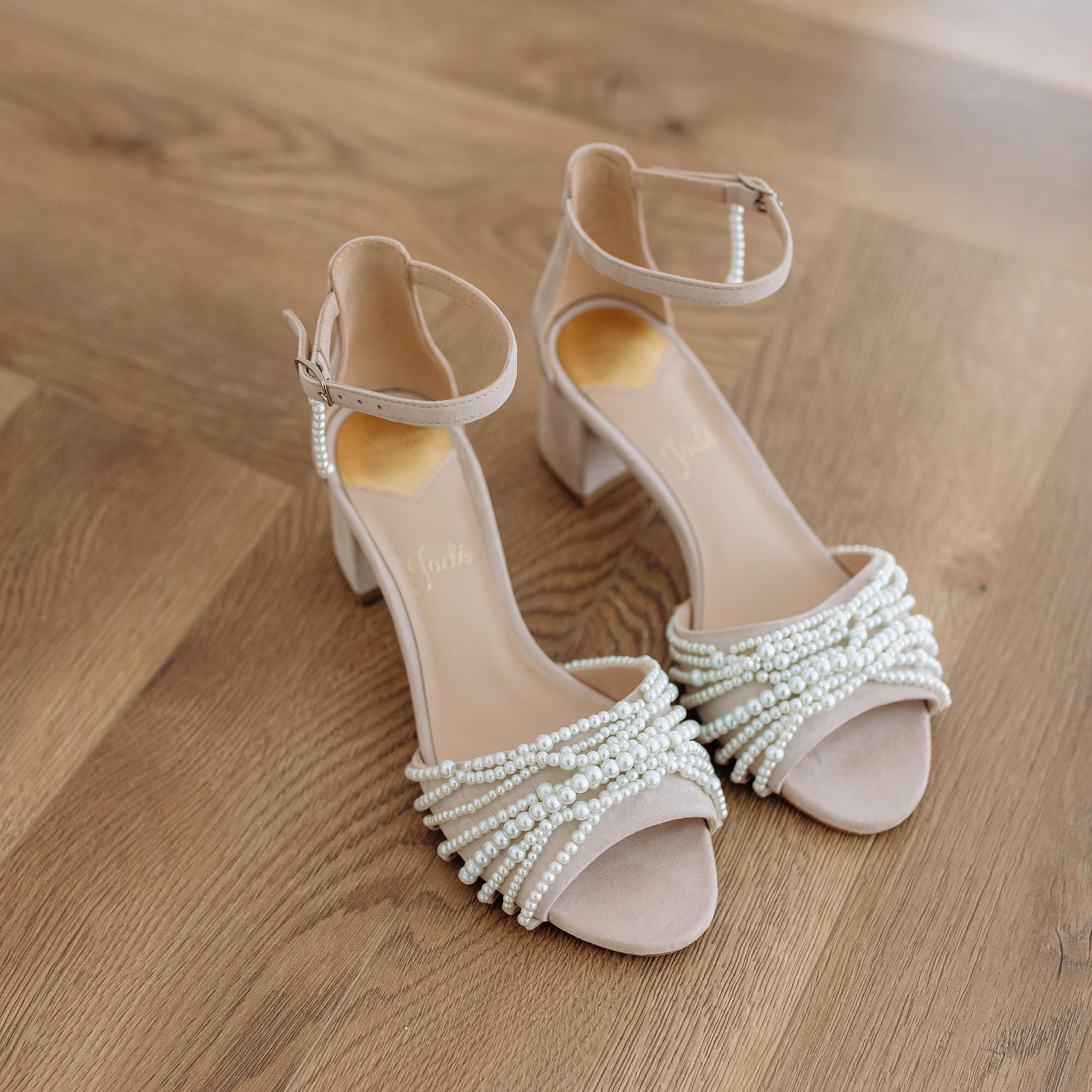 Ivory Wedding Sandals with Peep Toe and Pearl Embroidery, Bridal Sandals with Low Block Heel and Ankle Strap, Pearl Heels