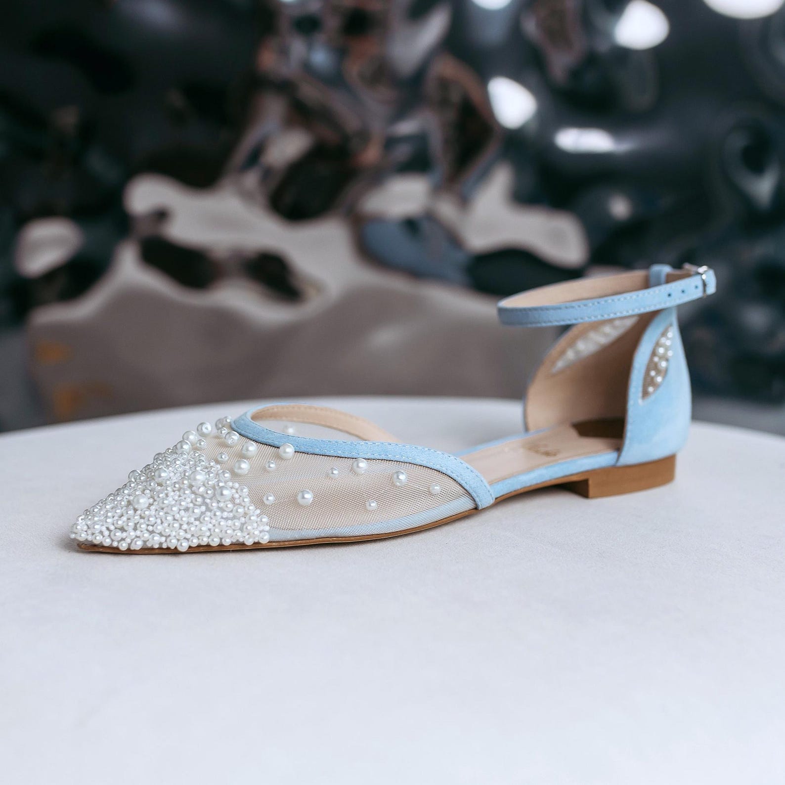 Blue Wedding Flat Sandals With Pearl Embroidery on Pointy Toe, Bridal Blue Wedding Flat Sandals With Pearl Embroidery on Pointy Toe, Bridal