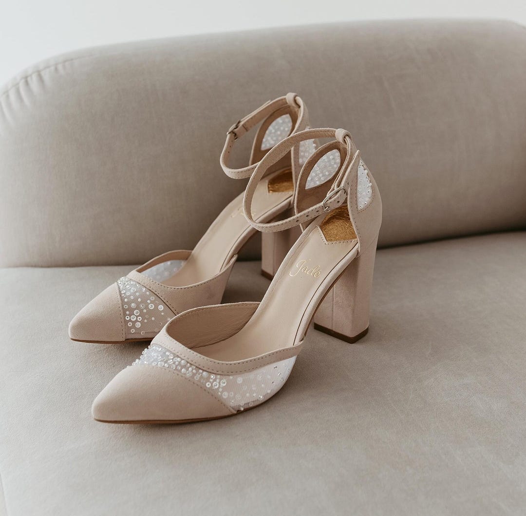 Zapatos de boda color marfil con tacones altos, zapatos de novia con  lentejuelas y cuentas bordadas a mano, sandalias de boda con tira en el  tobillo