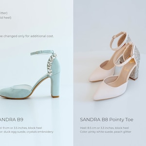May include: Four pairs of customisable block heel shoes labelled SANDRA B4, B9, B8 Pointy Toe, and B9 Wildflowers. The shoes feature various materials including ivory suede, peach glitter, duck egg suede, and pinky white suede with crystal or wildflower embroidery details and ankle straps.