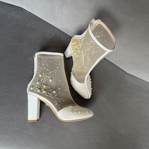 Couture White Wedding Ankle Boots With Peals and Beads Embroidery, Genuine Leather and Mesh Embroidered Wedding Shoes with High Block Heel