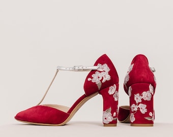 Red Wedding Heels with Sakura Embroidery, Silver T-Strap and Peep Toe, Bridal Shoes in Retro Style Vintage Wedding Shoe with Block High Heel