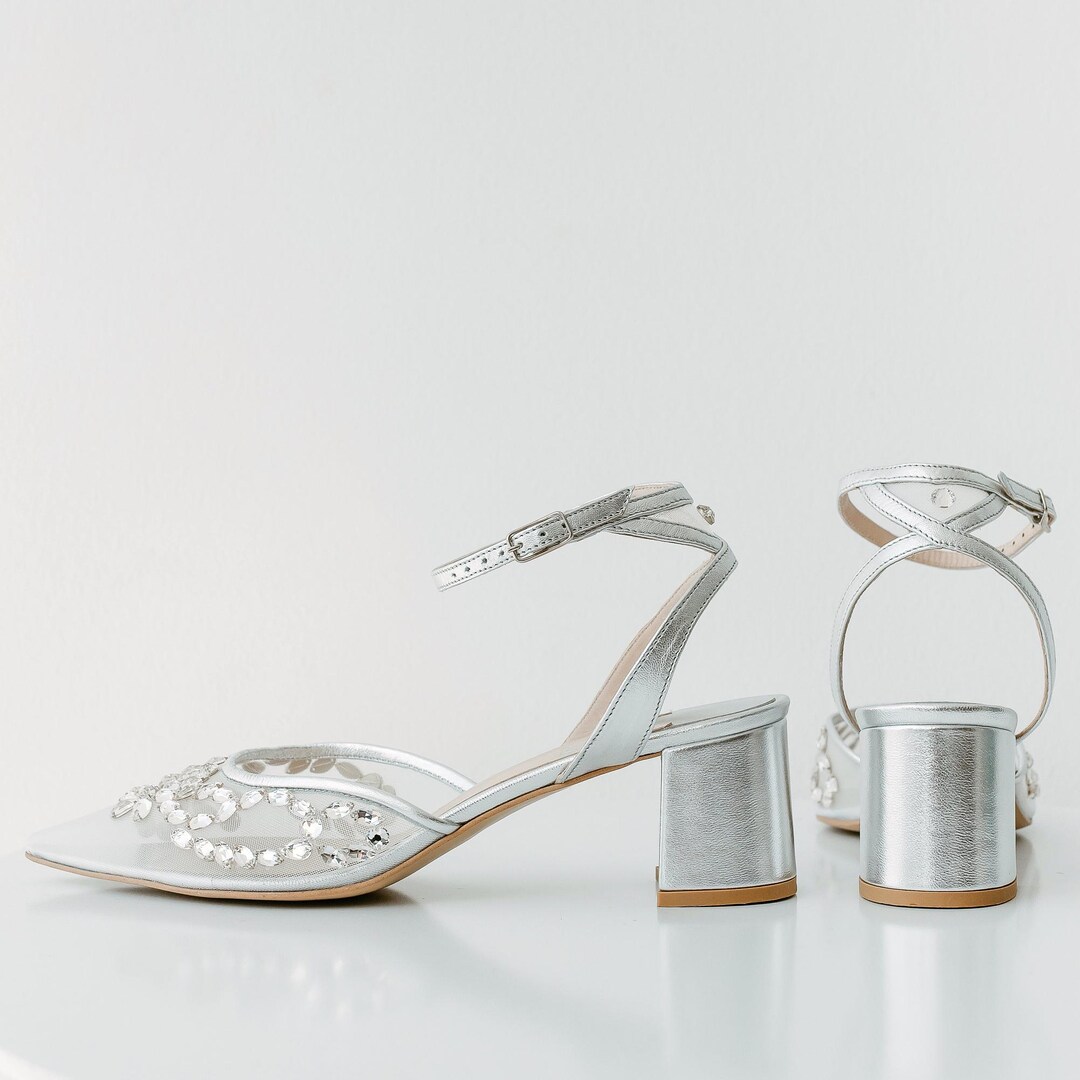 Silver Sequin Crystal Bow Mesh Stiletto Sandals – Bridal & Banquet Heels