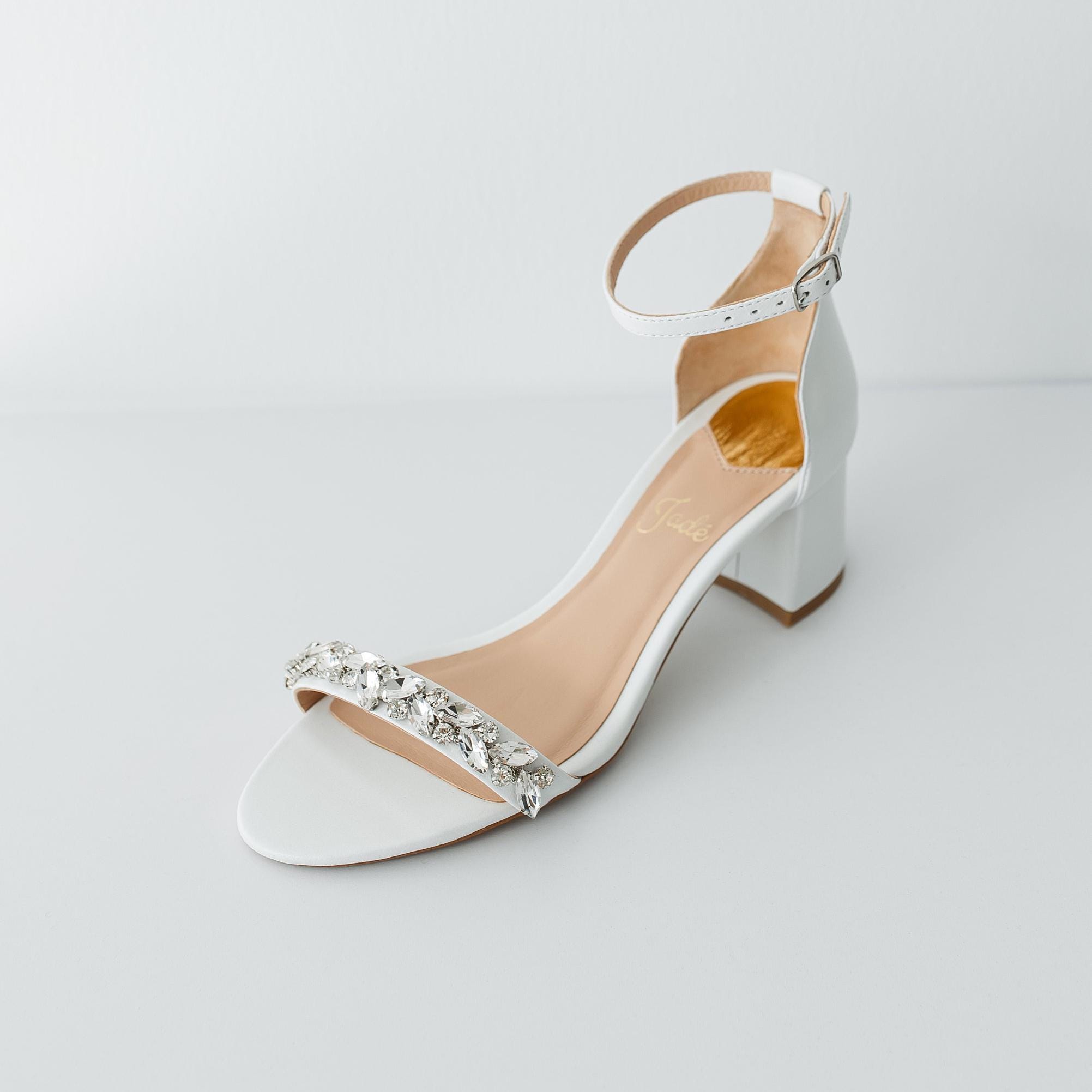 White Wedding Sandals With Low Block Heel and Ankle Strap, Leather White Wedding Sandals With Low Block Heel and Ankle Strap, Leather