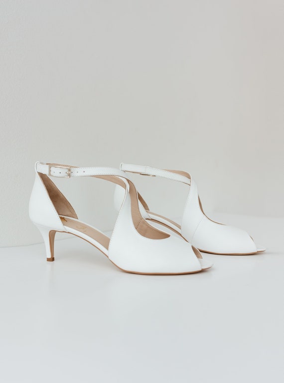 Buy White Wedding Shoes With Open Peep Toe and Kitten Heel